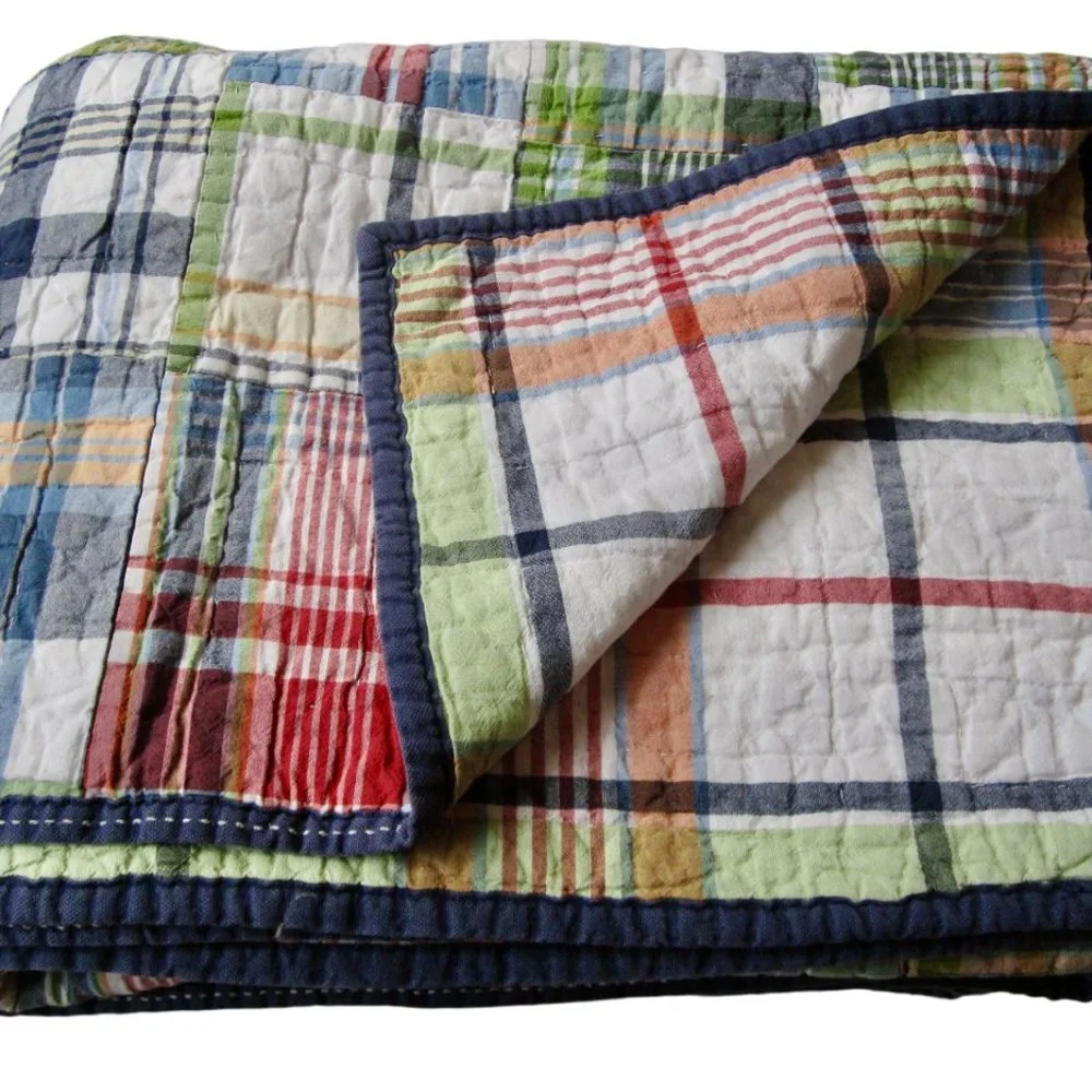 Pottery Barn Madras Plaid Patchwork Full Queen Quilt w 2 Shams Red Blue Green